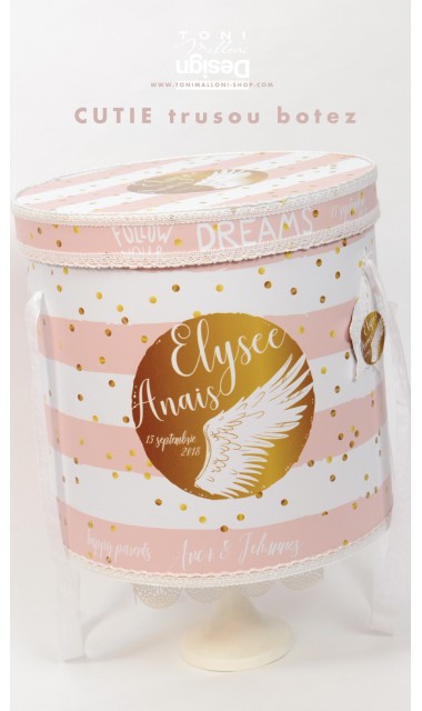 Trusou de botez cu aripi de ingeri si buline gold personalizat, Gold Wings  8